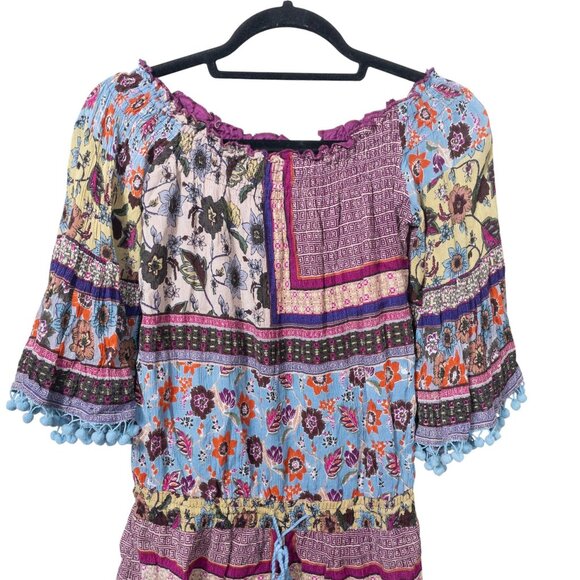 Raga Anthropologie Purple Floral Romper With Tassel Tie Belt SZ S Boho - Picture 4 of 9
